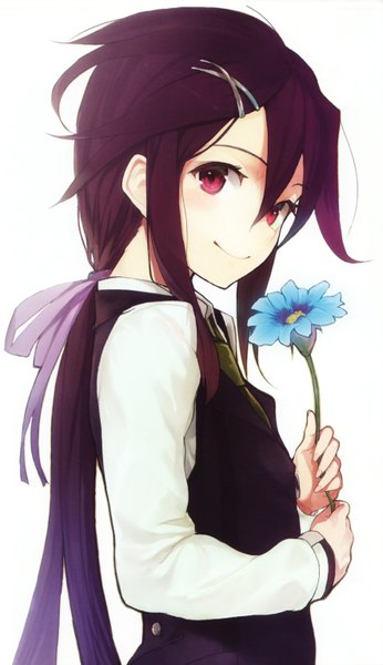 Anime picture 1767x3060 with original shirabi single long hair tall image blush highres simple background smile white background purple hair pink eyes girl hair ornament flower (flowers) ribbon (ribbons) hair ribbon necktie bobby pin x hair ornament