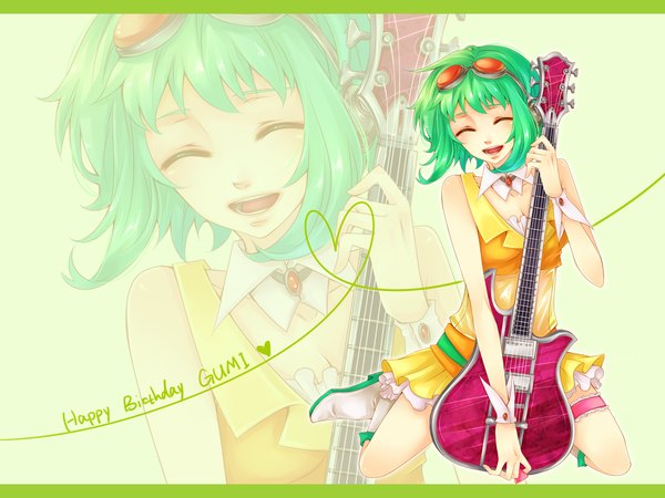 Anime picture 1200x900 with vocaloid gumi tagme (artist) single short hair smile full body eyes closed green hair inscription sleeveless character names kneeling happy birthday goggles on head heart of string girl skirt heart musical instrument