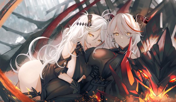 Anime picture 1866x1080 with azur lane prinz eugen (azur lane) aegir (azur lane) prinz eugen (cordial cornflower) (azur lane) yusha (m-gata) long hair looking at viewer fringe highres breasts light erotic hair between eyes wide image large breasts multiple girls yellow eyes silver hair outdoors ass multicolored hair