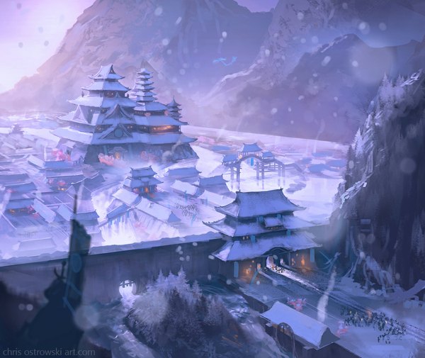 Anime picture 1000x842 with original najtkriss (artist) sky from above city light snowing winter snow cityscape mountain plant (plants) tree (trees) building (buildings) wall torii castle people roof japanese house