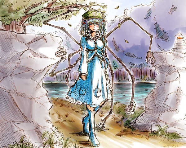 Anime picture 1200x960 with touhou kawashiro nitori blue eyes blue hair river drawing girl plant (plants) hat tree (trees) boots leaf (leaves)