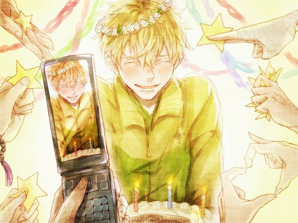 Anime picture 1024x768 with prince of tennis oshitari kenya tsubaki ya (artist) single blush short hair open mouth blonde hair smile eyes closed boy flower (flowers) sweets star (symbol) cake candle (candles) wreath phone hands photo (object)