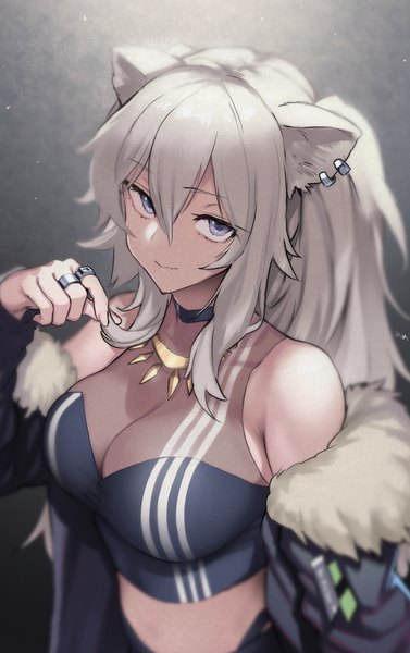 Anime picture 2125x3383 with virtual youtuber hololive shishiro botan shishiro botan (1st costume) memememe single long hair tall image fringe highres breasts light erotic hair between eyes large breasts standing animal ears payot silver hair upper body off shoulder