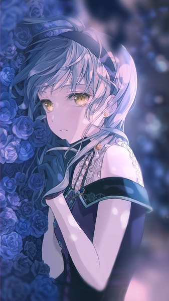 Anime picture 1800x3200 with bang dream! minato yukina nobusawa osamu single long hair tall image looking at viewer blush fringe highres yellow eyes blue hair upper body lying parted lips off shoulder depth of field girl gloves flower (flowers)
