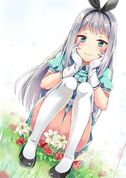 Anime picture 850x1200 with blend s a-1 pictures kanzaki hideri konka single long hair tall image looking at viewer blush light erotic silver hair full body aqua eyes puffy sleeves :3 otoko no ko hands on face thighhighs boy gloves