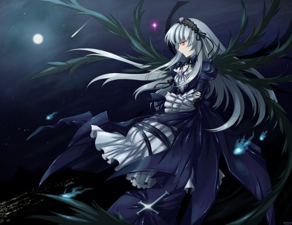 Anime picture 1300x1000 with rozen maiden suigintou mtyy single long hair red eyes grey hair night night sky flying girl dress wings hairband rose (roses) moon star (stars) cross