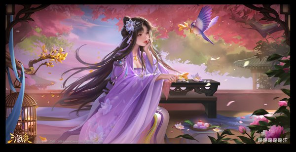 Anime picture 4284x2200 with legend of the three kingdoms tagme (character) yiqian zhang single long hair fringe highres black hair wide image sitting holding brown eyes signed looking away absurdres sky cloud (clouds) outdoors traditional clothes parted lips