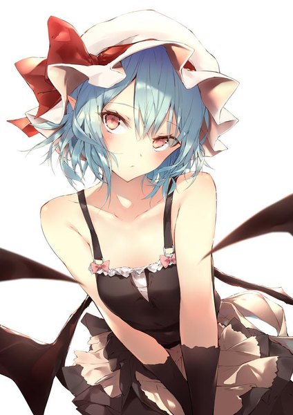 Anime picture 696x984 with touhou remilia scarlet sakusyo single tall image looking at viewer blush fringe short hair simple background hair between eyes red eyes white background blue hair upper body girl hat wings bonnet