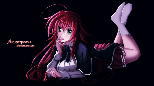 Anime-Bild 3500x1969 mit highschool dxd rias gremory burupegasasu single long hair blush fringe highres simple background hair between eyes wide image green eyes signed looking away full body ahoge bent knee (knees) red hair lying parted lips