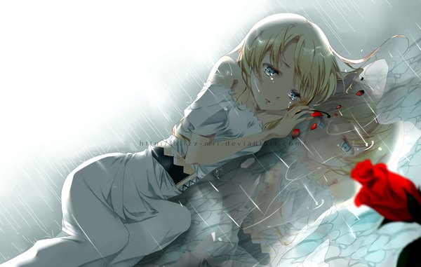 Anime picture 1402x892 with original blizz single long hair blue eyes blonde hair bare shoulders lying tears reflection rain girl dress flower (flowers) petals rose (roses)