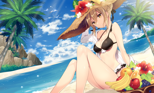 Anime picture 993x600 with fate (series) fate/grand order artoria pendragon (all) mysterious heroine x (alter) (fate) necomi (gussan) single fringe light erotic blonde hair hair between eyes wide image sitting bare shoulders yellow eyes cloud (clouds) braid (braids) beach girl flower (flowers) ribbon (ribbons)