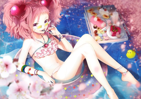 Anime picture 1412x1000 with original hakusai (tiahszld) single short hair light erotic purple eyes pink hair afloat girl flower (flowers) swimsuit petals water glasses food heart sweets sunglasses swim ring cookie (cookies)