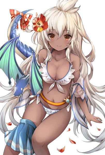 Anime picture 2480x3661 with granblue fantasy the order grande shiodome oji long hair tall image looking at viewer fringe highres breasts light erotic simple background smile hair between eyes white background sitting brown eyes cleavage ahoge white hair pleated skirt