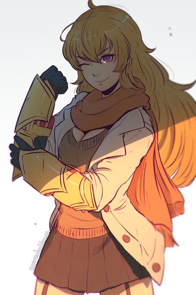 Anime picture 600x900 with rwby rooster teeth yang xiao long koyoriin single long hair tall image looking at viewer fringe breasts simple background blonde hair standing purple eyes cleavage head tilt pleated skirt one eye closed arm up lips