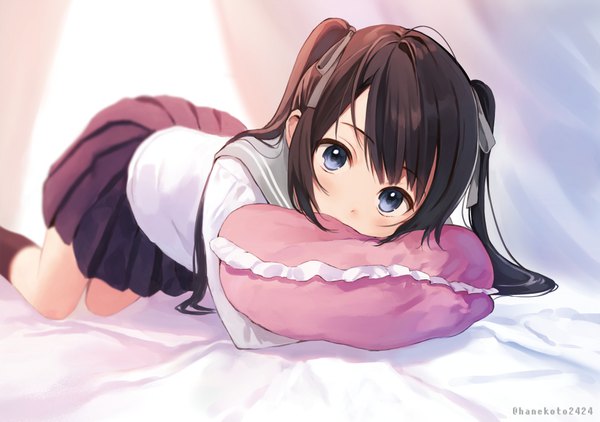 Anime picture 1000x704 with original hanekoto single long hair looking at viewer blush fringe blue eyes black hair twintails signed payot lying pleated skirt twitter username covered mouth pillow hug girl skirt uniform