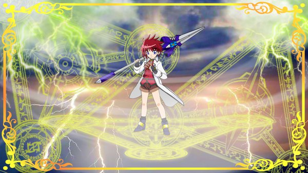 Anime picture 1280x720 with mahou shoujo lyrical nanoha erio mondial nanohamagica single looking at viewer fringe short hair blue eyes smile hair between eyes wide image standing holding full body red hair lightning weapon over shoulder boy gloves weapon