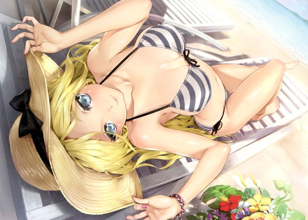 Anime picture 5550x3960 with comic toranoana happoubi jin single long hair looking at viewer blush fringe highres breasts blue eyes light erotic blonde hair smile bare shoulders absurdres cleavage full body outdoors lying nail polish