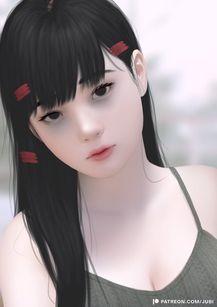 Anime picture 2480x3508 with original alyssa (jubi) jubi (regiana) single long hair tall image looking at viewer fringe highres black hair bare shoulders signed blunt bangs head tilt black eyes realistic lipstick red lipstick expressionless girl
