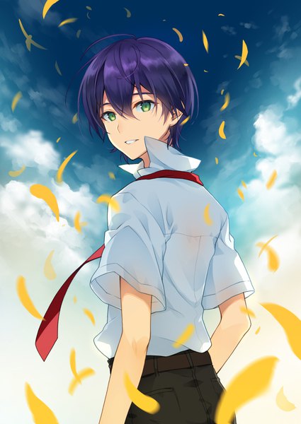 Anime picture 627x885 with virtual youtuber nijisanji kenmochi touya 2980 single tall image fringe short hair hair between eyes green eyes sky purple hair cloud (clouds) outdoors parted lips looking back wind from behind boy petals