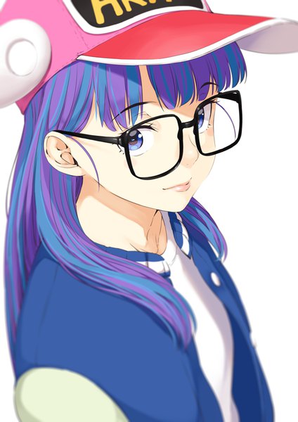 Anime picture 600x849 with dr. slump toei animation norimaki arale risou (maeda risou) single long hair tall image looking at viewer fringe blue eyes simple background smile white background blue hair purple hair upper body blunt bangs multicolored hair blurry open jacket