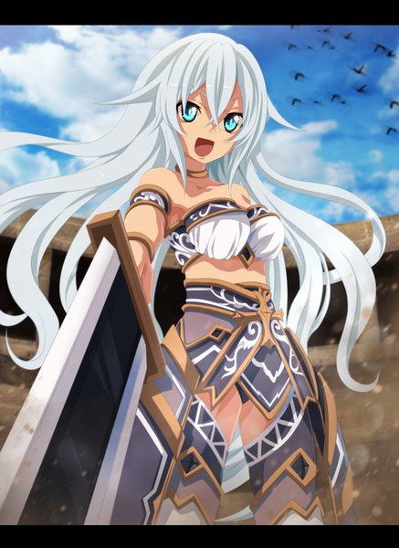 Anime picture 2400x3288 with choujigen game neptune black heart tremblax single long hair tall image highres open mouth blue eyes light erotic smile sky cloud (clouds) white hair coloring letterboxed girl weapon animal bracelet