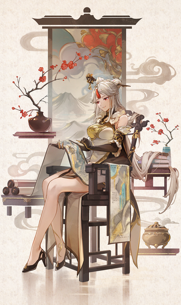Anime picture 1080x1813 with genshin impact ningguang (genshin impact) kyusoukyu single tall image smile red eyes sitting looking away silver hair full body very long hair traditional clothes bare legs high heels chinese clothes plum blossoms girl flower (flowers) branch