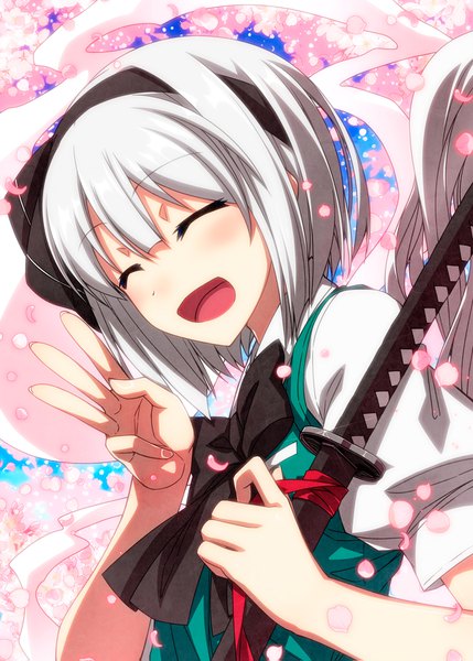 Anime picture 1200x1679 with touhou konpaku youmu myon sazanami mio single tall image blush fringe short hair open mouth smile hair between eyes holding silver hair upper body eyes closed short sleeves cherry blossoms happy ^ ^