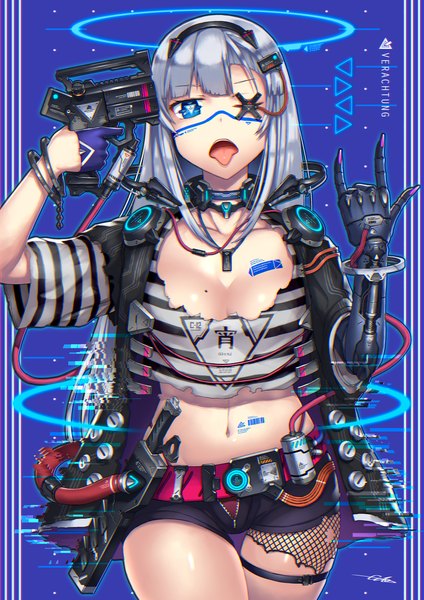 Anime picture 1100x1556 with original gia single long hair tall image looking at viewer fringe open mouth blue eyes light erotic standing holding cleavage silver hair mole open jacket short sleeves midriff thigh gap torn clothes