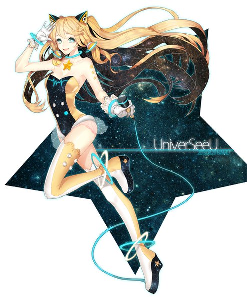 Anime picture 1000x1217 with vocaloid seeu dyuon01 single long hair tall image looking at viewer fringe breasts open mouth light erotic blonde hair smile hair between eyes bare shoulders holding cleavage full body bent knee (knees) :d