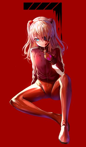 Anime picture 1056x1800 with neon genesis evangelion rebuild of evangelion gainax soryu asuka langley shikinami asuka langley huyou (awegk) single long hair tall image looking at viewer fringe blue eyes simple background hair between eyes sitting holding full body orange hair two side up red background