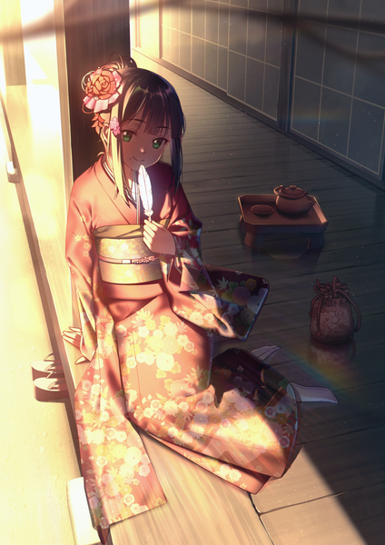 Anime picture 723x1023 with love live! sunshine!! sunrise (studio) love live! kurosawa dia nagareboshi single tall image looking at viewer fringe short hair black hair smile brown hair sitting holding green eyes payot full body long sleeves traditional clothes