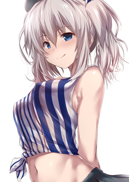 Anime picture 720x1018 with kantai collection lawson kashima training cruiser tai (nazutai) single tall image looking at viewer blush fringe breasts blue eyes light erotic simple background smile large breasts white background twintails bare shoulders payot silver hair