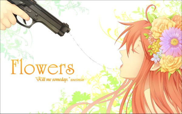 Anime picture 1556x977 with original milcho long hair open mouth holding ahoge red hair eyes closed profile hair flower inscription saliva girl hair ornament gun pistol hands