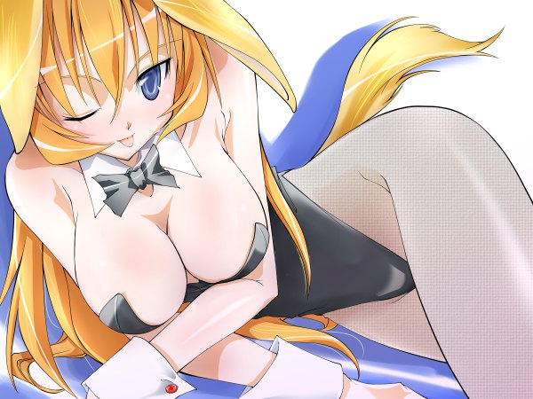 Anime picture 1200x900 with long hair breasts blue eyes light erotic large breasts animal ears cleavage tail one eye closed wink orange hair bunny ears :p fishnet pantyhose tongue bunnysuit fishnet pantyhose