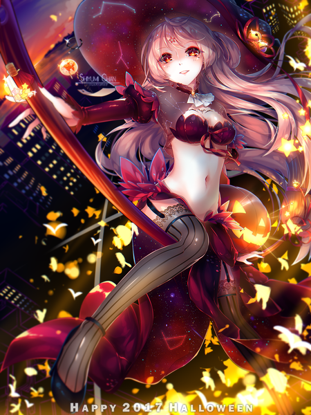 Anime picture 900x1200 with original shiyumi single long hair tall image looking at viewer blush breasts light erotic smile red eyes pink hair sky full body inscription puffy sleeves city facial mark dated evening