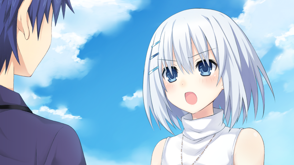 Anime picture 1280x720 with date a live tobiichi origami itsuka shidou blush short hair open mouth blue eyes wide image bare shoulders blue hair game cg sky cloud (clouds) white hair girl boy hair ornament bobby pin
