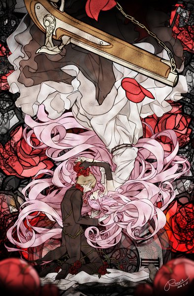 Anime picture 1280x1953 with vocaloid nico nico singer poisoned apple & cinderella (vocaloid) megurine luka luz (nico nico singer) rahwia tall image short hair blonde hair bare shoulders pink hair very long hair couple kneeling face to face upside down girl dress boy gloves