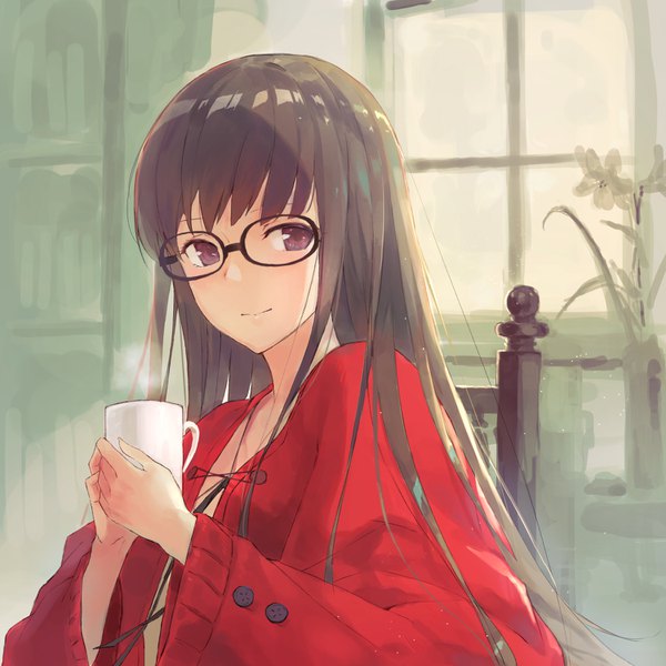 Anime picture 1500x1500 with flowers (innocent grey) innocent grey rikka hanabishi kobuta single long hair looking at viewer fringe brown hair holding brown eyes upper body indoors wide sleeves steam girl glasses window buttons cardigan