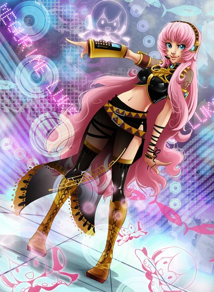 Anime picture 792x1080 with vocaloid megurine luka pechan (artist) single tall image blue eyes smile looking away pink hair very long hair lips bare belly midriff girl navel boots belt thigh boots