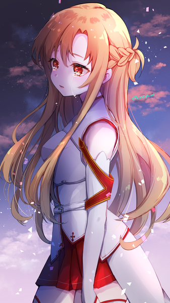 Anime picture 1512x2688 with sword art online a-1 pictures yuuki asuna enepuni single long hair tall image fringe open mouth hair between eyes red eyes brown hair standing signed looking away braid (braids) pleated skirt night zettai ryouiki night sky