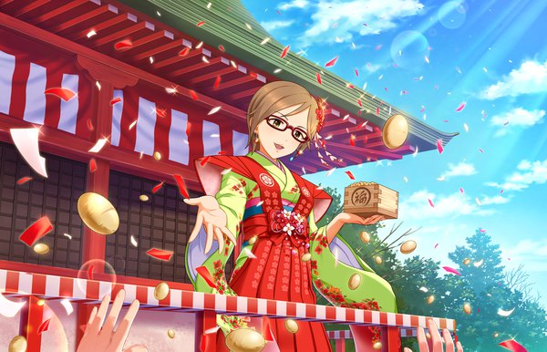 Anime picture 1280x824 with idolmaster idolmaster cinderella girls idolmaster cinderella girls starlight stage aikawa chinatsu single looking at viewer short hair open mouth brown hair brown eyes sky cloud (clouds) traditional clothes japanese clothes sparkle from below setsubun girl hair ornament glasses