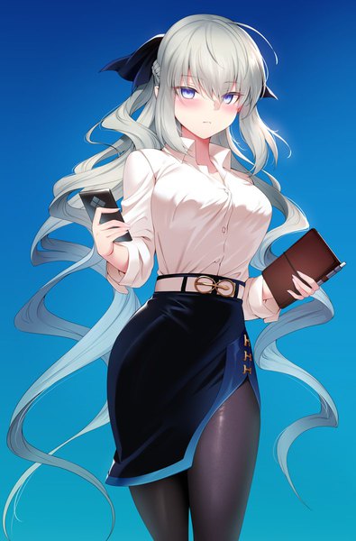 Anime picture 791x1200 with fate (series) fate/grand order morgan le fay (fate) mdastarou long hair tall image looking at viewer blush fringe blue eyes simple background hair between eyes standing holding payot silver hair ahoge ponytail braid (braids) alternate costume
