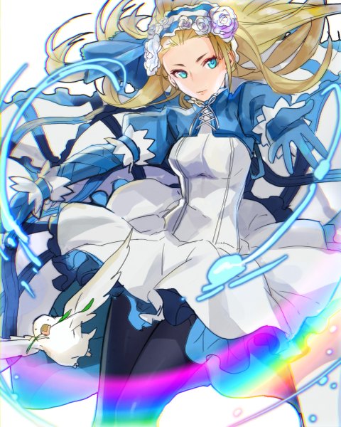 Anime picture 961x1200 with puzzle & dragons noah (p&d) meer rowe single long hair tall image blue eyes blonde hair white background looking away spread arms girl dress gloves animal pantyhose hairband bird (birds) pigeon