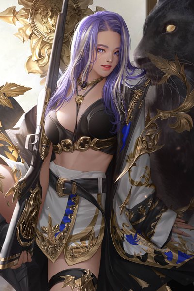Anime-Bild 3156x4733 mit original taekwon kim single long hair tall image looking at viewer highres breasts blue eyes sitting absurdres purple hair parted lips multicolored hair realistic two-tone hair lipstick girl skirt weapon