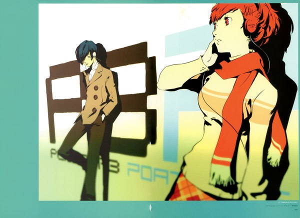 Anime picture 3500x2549 with persona 3 shin megami tensei persona atlus arisato minato female protagonist (p3) soejima shigenori highres short hair brown hair blue hair absurdres orange hair official art hands in pockets girl boy headphones scarf pants