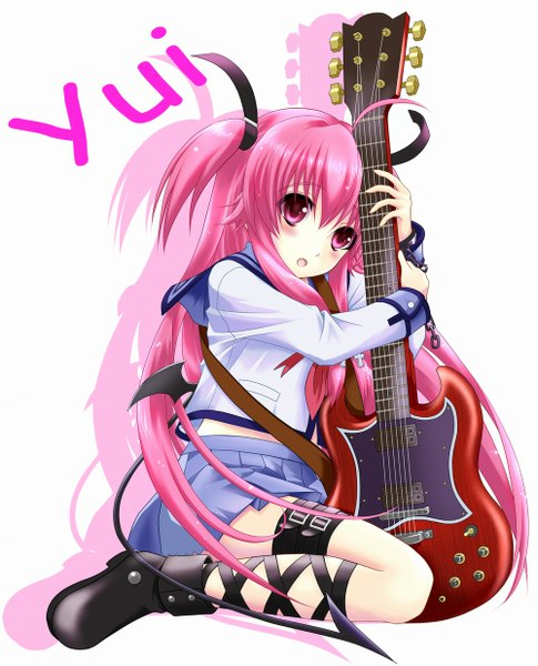 Anime picture 1000x1238 with angel beats! key (studio) yui (angel beats!) creep (artist) single long hair tall image blush open mouth red eyes pink hair two side up girl skirt uniform school uniform miniskirt boots guitar