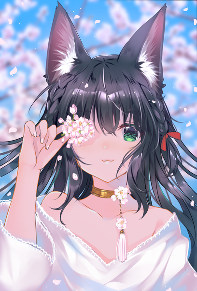 Anime picture 1242x1826 with original usagihime single tall image looking at viewer fringe black hair smile hair between eyes bare shoulders holding green eyes animal ears sky upper body braid (braids) nail polish wind blurry cat ears