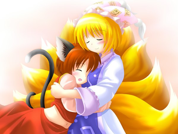 Anime picture 1024x768 with touhou yakumo ran chen animal ears tail cat ears cat tail hug fox tail girl skirt skirt set