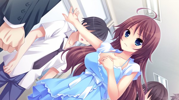 Anime picture 1084x610 with ore to 5-nin no yome-san ga raburabu nano wa mirai kara kita aka-chan no okage ni chigainai! narusawa sora long hair blush breasts blue eyes brown hair wide image large breasts game cg ahoge girl dress boy