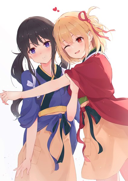 Anime picture 1488x2105 with lycoris recoil nishikigi chisato inoue takina bai-hyacinth long hair tall image blush short hair open mouth black hair simple background blonde hair red eyes white background purple eyes twintails multiple girls payot looking away traditional clothes